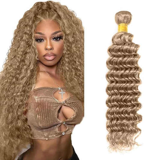 #22 Blonde Bundles Human Hair Deep Wave Bundles 30 Inch Human Hair Weave 1 Bundle Unprocessed Brazilian Virgin Hair Ash Blonde Deep Wave Human Hair Extensions 50 Grams/Bundle