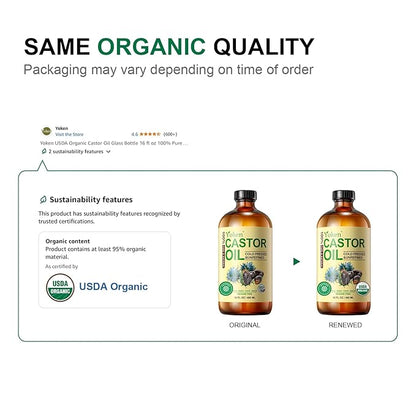Yoken EWG Verified Castor Oil Glass Bottle 16 fl oz 100% Pure Natural Cold Pressed Castor Oil for Face, Body, Hair, Eyelash, Skin - Hexane Free, Unrefined, Virgin, Rich Fatty Acid for Caster Pack Wrap