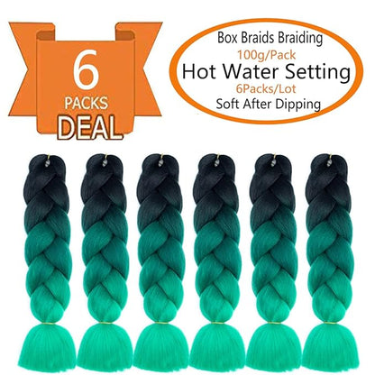 6 Packs Ombre Jumbo Braiding Hair Extensions 24 Inch High Temperature Synthetic Fiber Hair Extensions for Box Braids Braiding Hair (Black to Deep Green to Green)