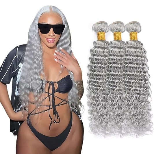 28 30 32 Inch Light Grey Bundles Human Hair Grey Deep Wave Bundles Double Weft Virgin Remy Silver Bundle Hair Weave Pure Grey Color