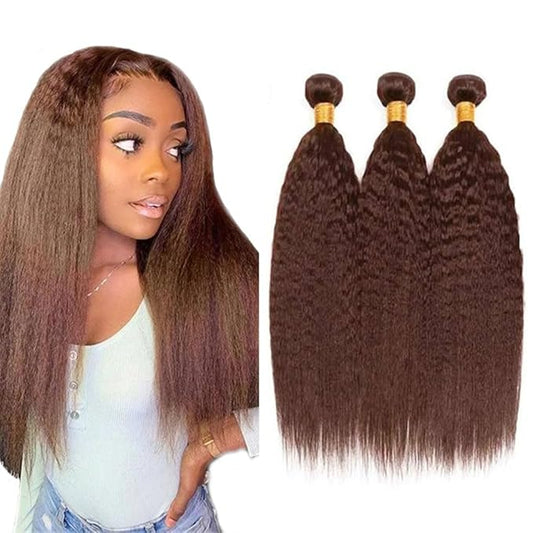 #4 Brown Bundles Human Hair Yaki Straight Bundles 22 24 26 Inch Human Hair Weave 3 Bundle Unprocessed Brazilian Virgin Hair Dark Brown Kinky Straight Human Hair Extensions 50 Grams/Bundle