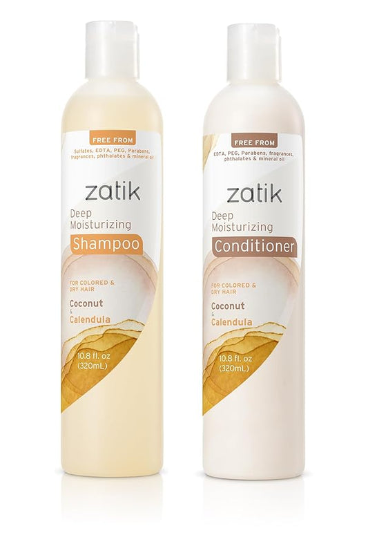 Zatik Naturals - Deep Moisturizing Shampoo + Conditioner Set - Coconut & Calendula, for Colored, Dry damaged Hair, Bio-degradable, pH Balanced, FREE from Parabens, fragrances, 10.8 fl oz (One of Each)