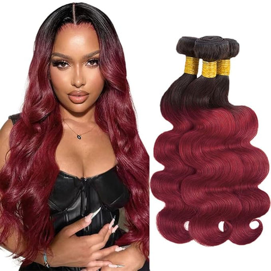 Ombre Bundles Human Hair Burgundy Body Wave Bundles 16 18 20 Inch Niegmeag Unprocessed Brazilian Virgin Remy Hair Extensions Double Weft Hair Weave