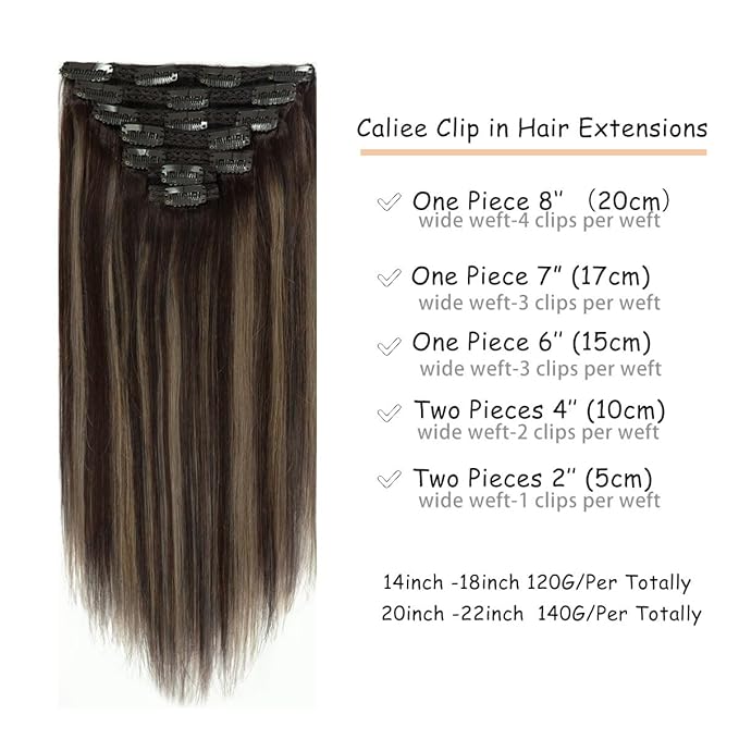 Caliee Balayage Dark Brown and Chestnut Brown with Dark Brown Roots 18inch Clip in Hair Extensions Human Hair Silky Straight 120 gram Double Weft Lace Clip in Hair