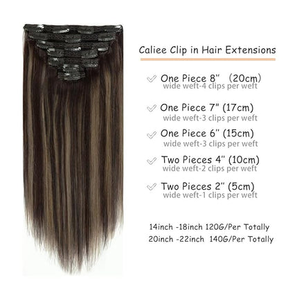 Caliee Balayage Dark Brown and Chestnut Brown with Dark Brown Roots 18inch Clip in Hair Extensions Human Hair Silky Straight 120 gram Double Weft Lace Clip in Hair