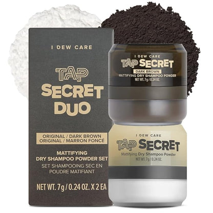 I DEW CARE Tap Secret Dry Shampoo Powder with Biotin - Tap Secret Original & Dark Brown Duo set | Strengthening & Volumizing, Powder Type, Refillable, Travel size, 0.24 Oz * 2ea