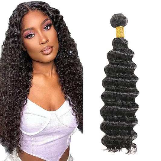 #1B Human Hair Bundles Deep Wave Bundles 30 Inch Unprocessed Brazilian Virgin Hair Weave 1 Bundle 50 Grams Per Bundle Natural Color Bundle Human Hair Extensions