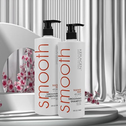 Keragen - Smoothing Shampoo and Conditioner with Keratin and Collagen for All Hair Types, Sulfate Free, 32 Oz - Moisturizes, Strengthens, Protects Color and Repair - Panthenol