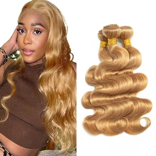 #27 Blonde Bundles Human Hair Body Wave Bundles 26 28 30 Inch Unprocessed Brazilian Virgin Hair Weave 3 Bundles 50 Grams Per Bundle Honey Blonde Human Hair Extensions