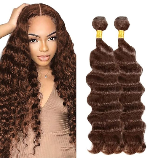 #4 Brown Bundles Human Hair Deep Wave Bundles 12 14 Inch Human Hair Weave 2 Bundle Unprocessed Brazilian Virgin Hair Chocolate Deep Wave Human Hair Extensions