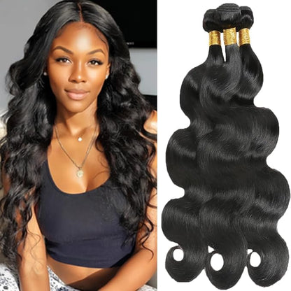 #1B Body Wave Bundles Color 1B Body Wave Human Hair Bundles Double Weft Weave Extensions Brazilian Human Hair Soft and Silky for Black Women 26 26 26 Inch