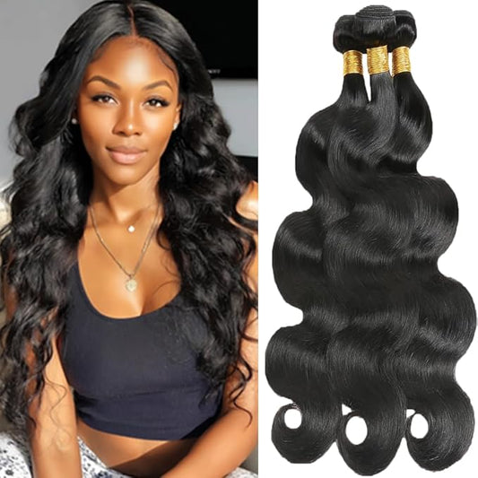#1B Body Wave Bundles Color 1B Body Wave Human Hair Bundles Double Weft Weave Extensions Brazilian Human Hair Soft and Silky for Black Women 26 26 26 Inch