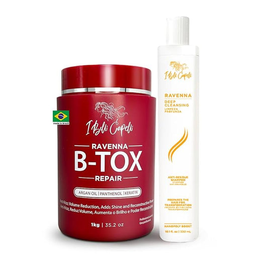 Ravenna Hair Treatment Kit- 1kg/35.02 oz B-tox Hair Mask + 300ml/10.1 fl.oz Anti-Residue Shampoo- Repair & Clarifying Shampoo for Longer Effect