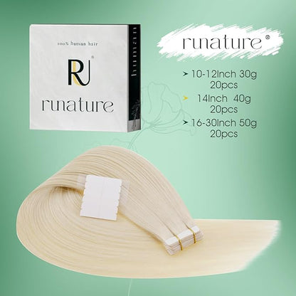 RUNATURE Human Hair Tape in Extensions 16 Inch Platinum Blonde Remy Hair Tape in Extensions Straight Full Ends Glue in Hair Extensions Invisible Tape on Human Hair Extensions Silky 50g 20 Picec