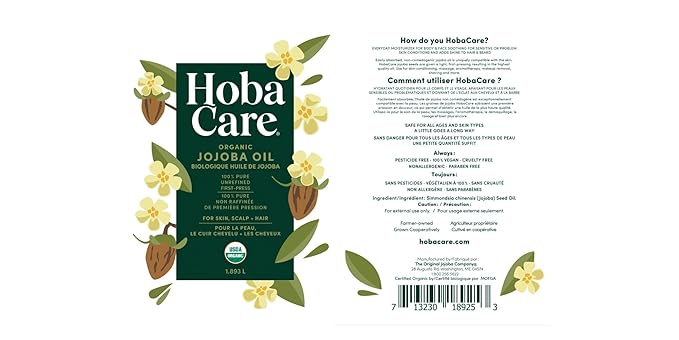 HobaCare Bulk Organic Jojoba Oil - Natural 100% Pure Hexane Free Unrefined Carrier Oil for Skincare, Beard, Hair, Face, Scalp Massage, Bath, Facial - Long Shelf Life (64 oz Half Gallon)