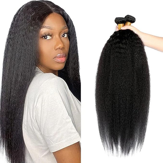 #1B Human Hair Bundles Yaki Straight Bundles 22 24 Inch 2 Bundles Unprocessed Brazilian Virgin Hair Weave 50 Grams Per Bundle kinky Straight Bundle Human Hair Extensions Natural Color