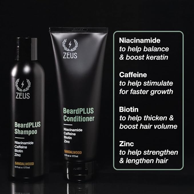 ZEUS BeardPlus Beard Shampoo & Conditioner Set for Men, Beard Growth Treatment for Hydration, Softness & Thickness with Biotin & Caffeine (Made in USA) Combo Set