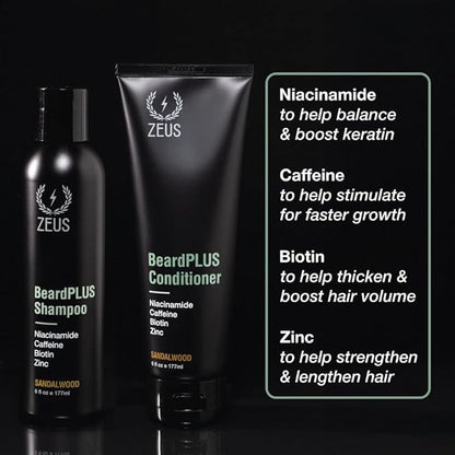 ZEUS BeardPlus Beard Shampoo & Conditioner Set for Men, Beard Growth Treatment for Hydration, Softness & Thickness with Biotin & Caffeine (Made in USA) Combo Set