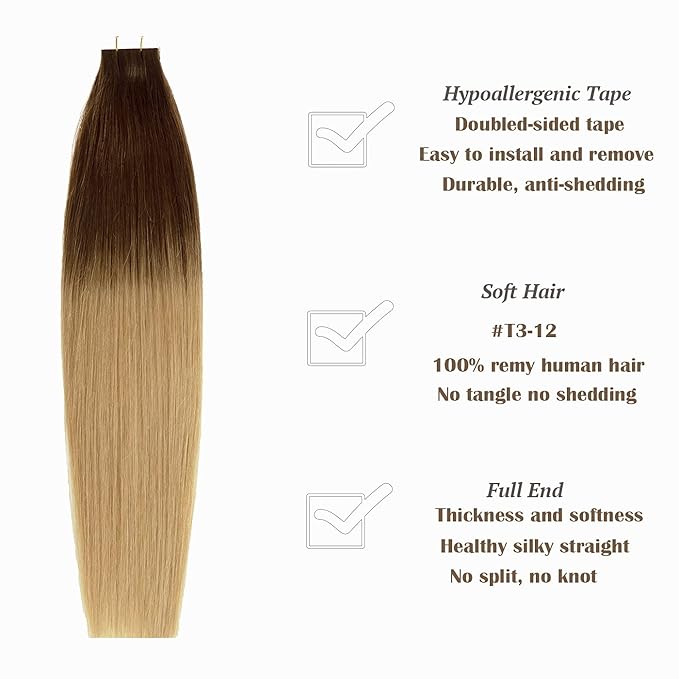 Anrosa Tape in Hair Extensions Human Hair Ombre Darker Brown to Light Golden Brown Silky Straight Real Hair Extensions Human Hair 20pcs/set 50g 14 Inch