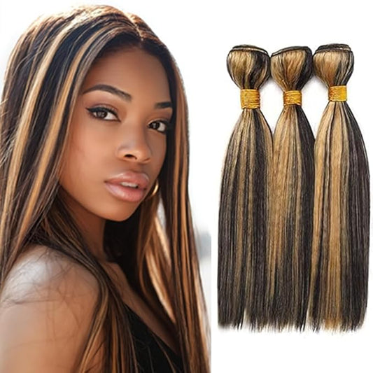 P1B27 Human Hair Bundles Highlight Straight Bundles Black and Honey Blonde Straight Human Hair Brazilian Weave Soft and Silky for Black Women 18 18 18 Inch