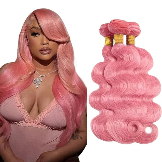 Pink Bundles Human Hair Pink Body Wave Bundles 16 18 20 Inch Niegmeag Peruvian Virgin Remy Hair Extensions Double Weft Light Rose Body Wave Bundle