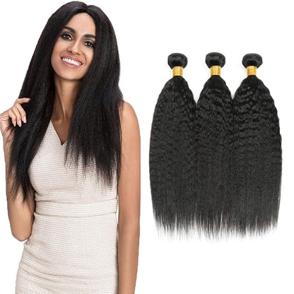 #1B Human Hair Bundles Yaki Straight Bundles 28 30 32 Inch Unprocessed Brazilian Virgin Hair Weave 3 Bundle Natural Color 50 Grams Per Bundle Kinky Straight Human Hair Extensions