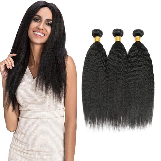 #1B Human Hair Bundles Yaki Straight Bundles 28 30 32 Inch Unprocessed Brazilian Virgin Hair Weave 3 Bundle Natural Color 50 Grams Per Bundle Kinky Straight Human Hair Extensions