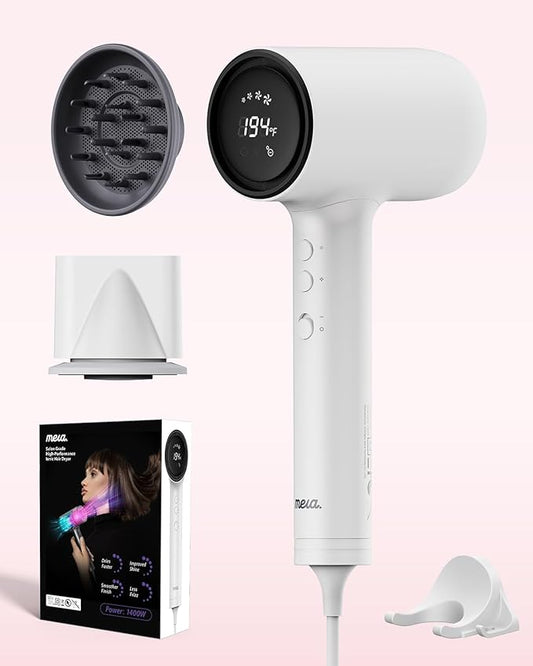 Professional Hair Dryer with Diffuser (Mera ProMax Ionic-X) - Fast Drying, Anti-Static Blowdryer Full Tool Set for Women & Stylists, 1-Button Cooling Mode, cUL Certified, Self-Cleaning, LED Screen