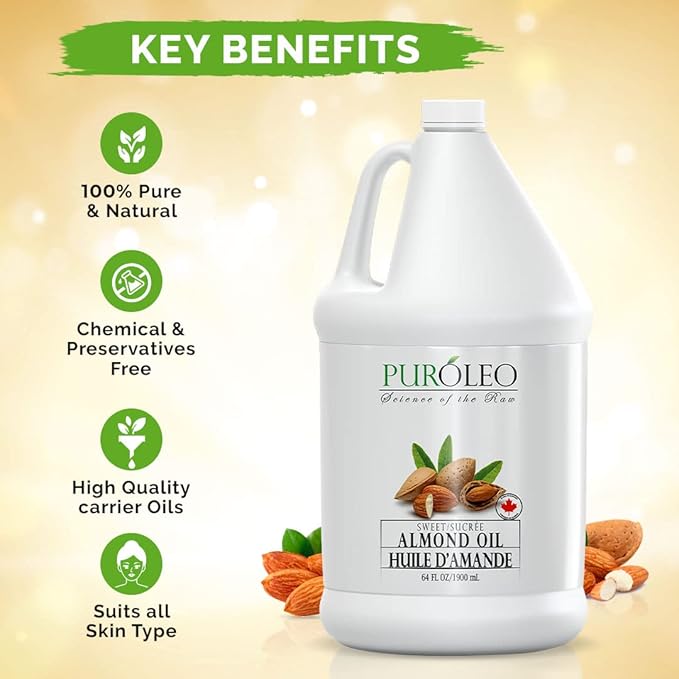 PUROLEO Sweet Almond Oil 64 Fl Oz/1900 ML 100% Natural and Pure | Moisturizer & Carrier Oil | Beauty & DIY Blends, Massage Oil, Body Oil, Hair Oil and Baby Oil | Made from Almonds raw