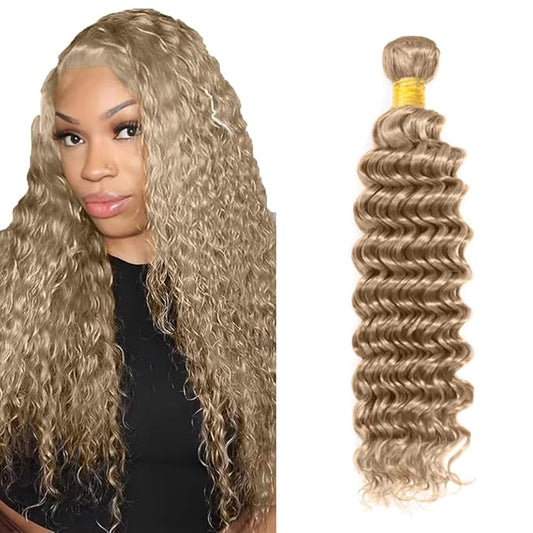 #22 Blonde Bundles Human Hair Deep Wave Bundles 24 Inch Human Hair Weave 1 Bundle Unprocessed Brazilian Virgin Hair Ash Blonde Deep Wave Human Hair Extensions 50 Grams/Bundle