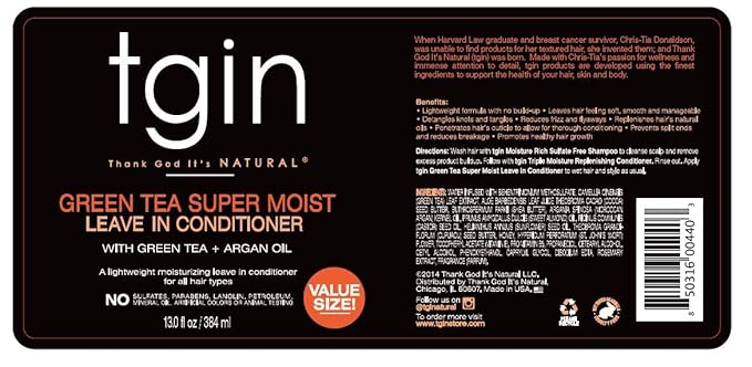 tgin Green Tea Super Moist Leave in Conditioner for Curly, Coily and Wavy Hair, with Argan Oil, Shea Butter and Green Tea, Moisturizes and Nourishes Dry Hair, 13 oz