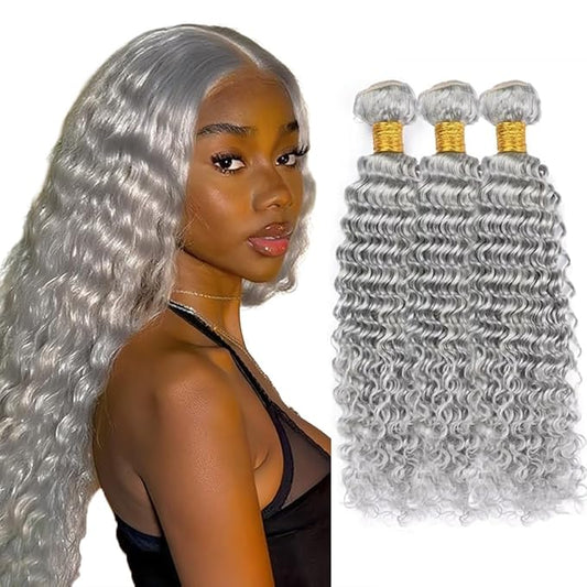 Grey Deep Wave Bundles Light Grey Human Hair 3 Bundles 24 26 28 Inch Niegmeag Brazilian Virgin Remy Hair Extensions Pure Grey Color