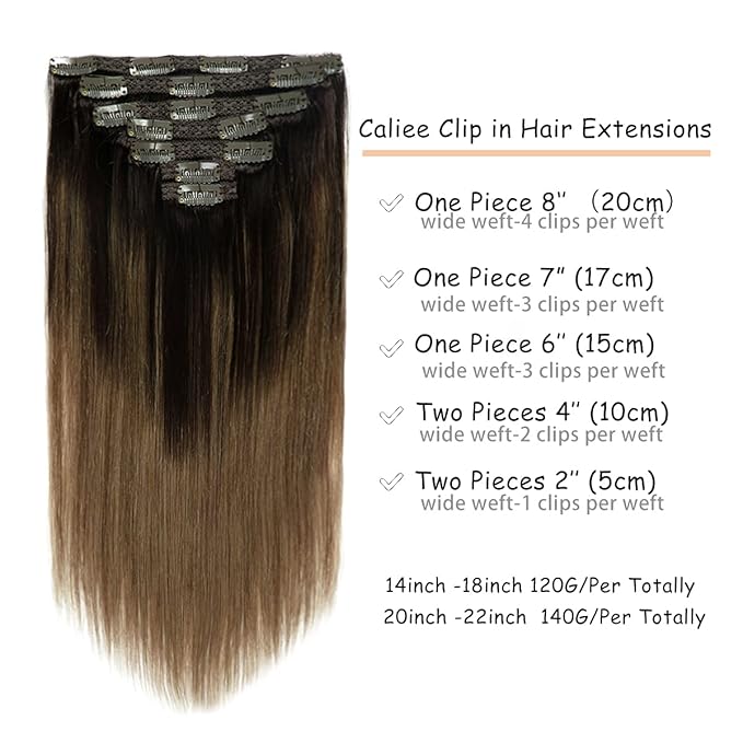 Caliee Clip in Hair Extensions Human Hair 20Inch B2/6 Darkest Brown Fading to Chestnut Brown Hair Long Straight Soft Silky Double Weft 7Pcs 140g Human Hair Extensions Clip in Extensions