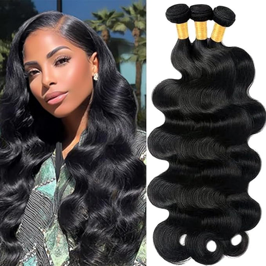 Natural Color Human Hair Body Wave Bundles #1B Body Wave Bundles 8a Grade Double Weft Brazilian Human Hair Soft and Silky for Black Women 22 24 26 Inch