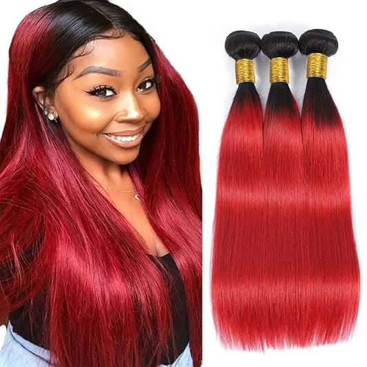 Ombre Red Human Hair Bundles 1B/Red Straight Human Hair Bundles 14 16 18 inch Two Tone Brazilian Virgin Remy Hair Extensions Soft and Silky For Women
