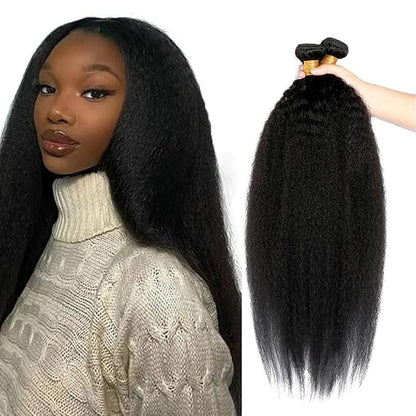 Natural Color Yaki Straight Human Hair Bundles Grade 8A Brazilian Virgin Hair Extensions Kinky Straight Human Hair 3 Bundles 30 30 30 Inch Yaki Bundles Color 1B Kinky Straight Bundles