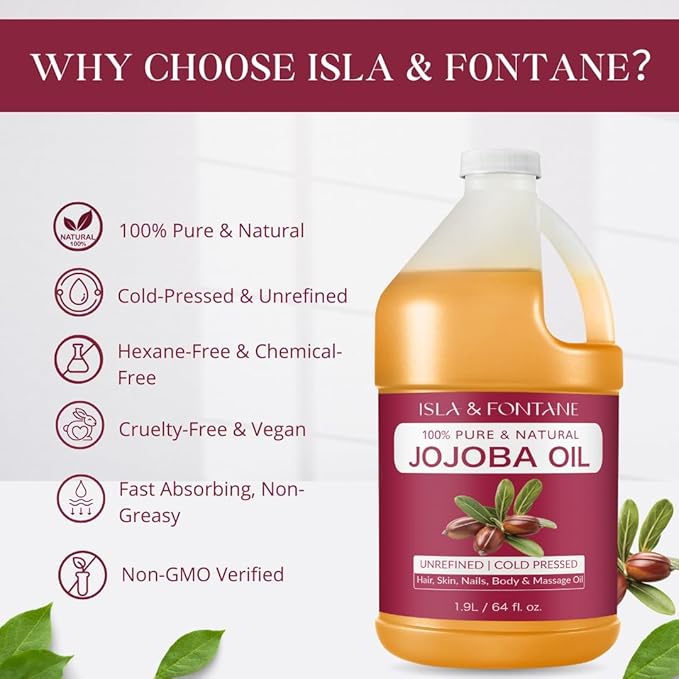ISLA & FONTANE Jojoba Oil – 64 fl oz | 100% Pure & Natural | Golden, Unrefined, Cold Pressed | Hexane-Free Carrier Oil for Skin, Hair, Face, Nails & Body Moisturizing