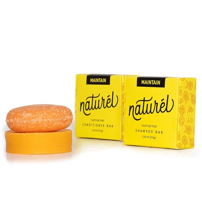 Naturel Maintain Shampoo and Conditioner Bar Set with Grapefruit Oil and Castor Oil for Hair Growth and Shine, Vegan and Cruelty Free, Zero Waste, Made in USA