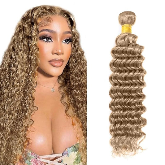 #22 Blonde Bundles Human Hair Deep Wave Bundles 28 Inch Human Hair Weave 1 Bundle Unprocessed Brazilian Virgin Hair Ash Blonde Deep Wave Human Hair Extensions 50 Grams/Bundle