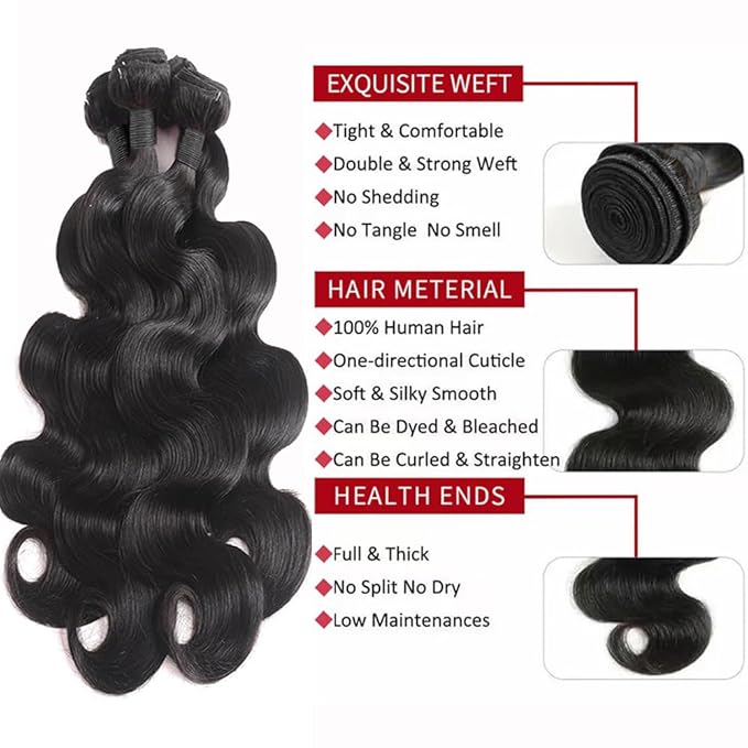Body Wave Human Hair 4 Bundles (22 22 24 24) Unprocessed Brazilian Virgin Human Hair Extensions Brazilian Body Wave Weave Bundles Soft and Silky Natural Black Wavy Hair Quick Weave Bundle for Women