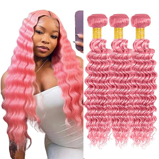Pink Human Hair Bundles Pink Deep Wave Bundles 20 22 24 Inch Niegmeag Peruvian Virgin Soft and Skily Remy Hair Extensions Light Pink Color 300g