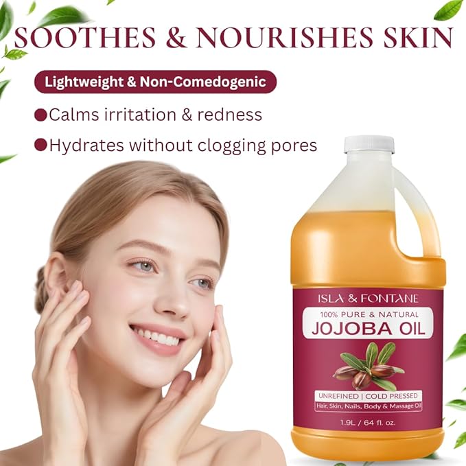 ISLA & FONTANE Jojoba Oil – 64 fl oz | 100% Pure & Natural | Golden, Unrefined, Cold Pressed | Hexane-Free Carrier Oil for Skin, Hair, Face, Nails & Body Moisturizing