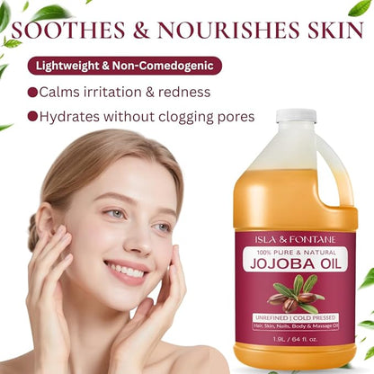 ISLA & FONTANE Jojoba Oil – 64 fl oz | 100% Pure & Natural | Golden, Unrefined, Cold Pressed | Hexane-Free Carrier Oil for Skin, Hair, Face, Nails & Body Moisturizing