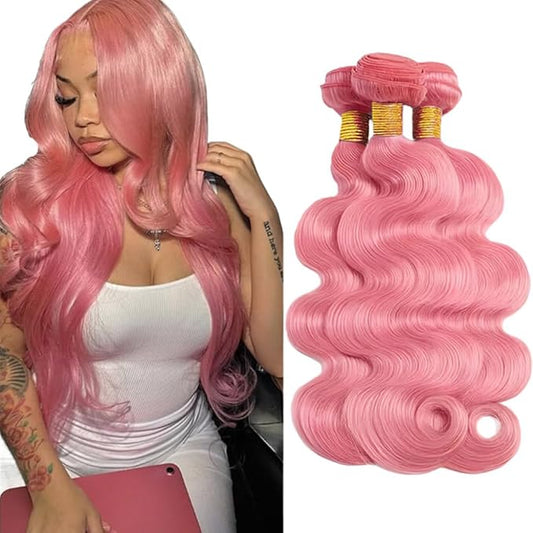 30 32 34 Inch Pink Body Wave Bundles Human Hair Light Pink Bundles 8A Peruvian Virgin Remy Hair Extensions Double Weft Real Pure Pink Hair Weave