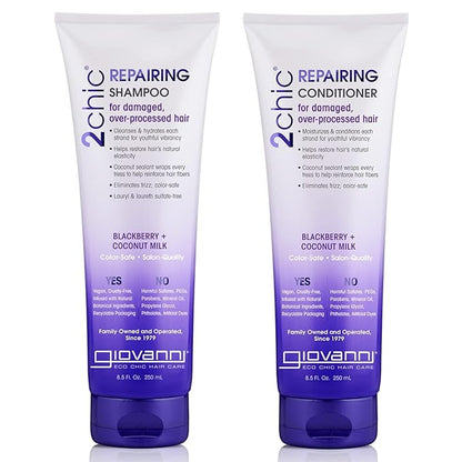 GIOVANNI 2chic Ultra-Repairing Shampoo & Conditioner Set - For Damaged, Over-Processed Hair, Helps Restore Hair's Natural Elasticity, Blackberry & Coconut Oil, Shea Butter, Color Safe - 8.5 oz Each
