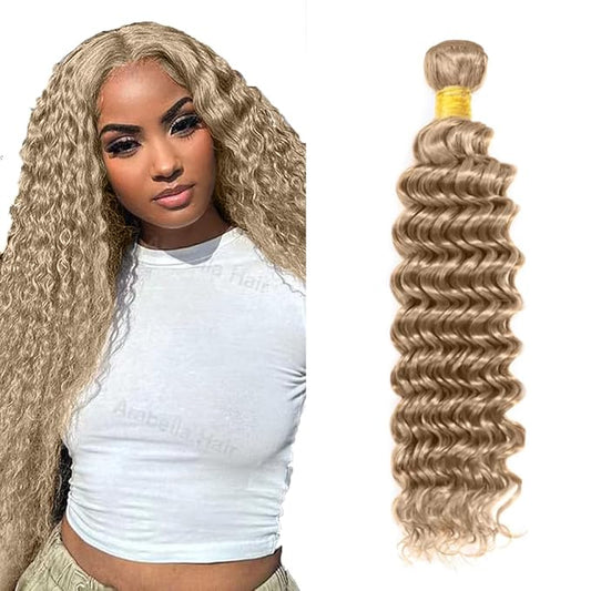 #22 Blonde Bundles Human Hair Deep Wave Bundles 34 Inch Human Hair Weave 1 Bundle Unprocessed Brazilian Virgin Hair Ash Blonde Deep Wave Human Hair Extensions 50 Grams/Bundle
