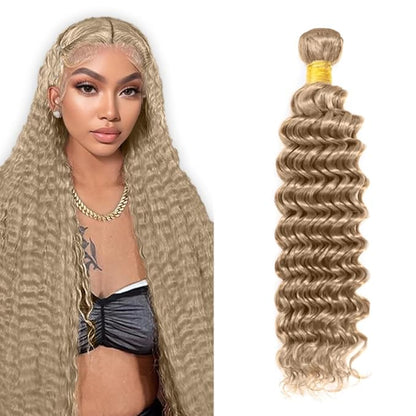 #22 Blonde Bundles Human Hair Deep Wave Bundles 18 Inch Human Hair Weave 1 Bundle Unprocessed Brazilian Virgin Hair Ash Blonde Deep Wave Human Hair Extensions 50 Grams/Bundle