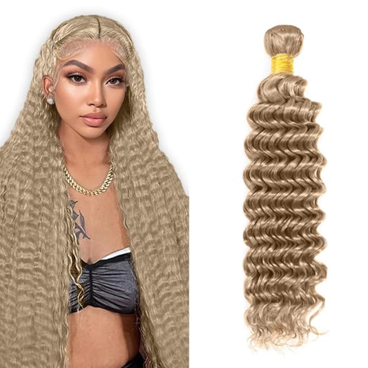 #22 Blonde Bundles Human Hair Deep Wave Bundles 18 Inch Human Hair Weave 1 Bundle Unprocessed Brazilian Virgin Hair Ash Blonde Deep Wave Human Hair Extensions 50 Grams/Bundle