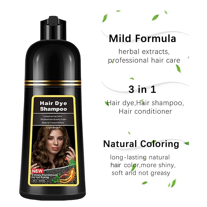 Instant Light Brown Hair Dye Shampoo 3 in 1, Herbal Coffee Hair Color Shampoo For Men Women, Long lasting & Easy to Apply Light Brown Hair Dye 17.6 Fl Oz