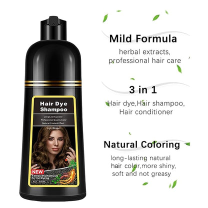Instant Light Brown Hair Dye Shampoo 3 in 1, Herbal Coffee Hair Color Shampoo For Men Women, Long lasting & Easy to Apply Light Brown Hair Dye 17.6 Fl Oz